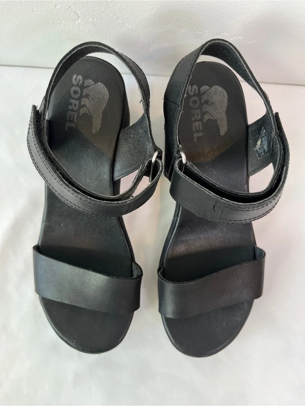 Sorel Cameron Leather Platform Wedge Sandals Black Ankle Strap Womens Size 8